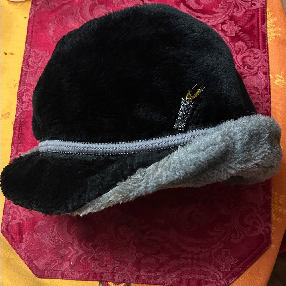 Vintage Black Faux Fur Hat with Gray Trim and Accent Feather; Superior Quality!